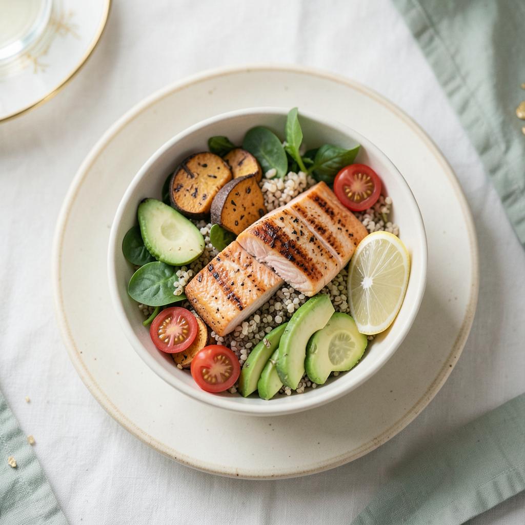 A fresh, colourful nourish bowl with salmon, grains and vegetables
