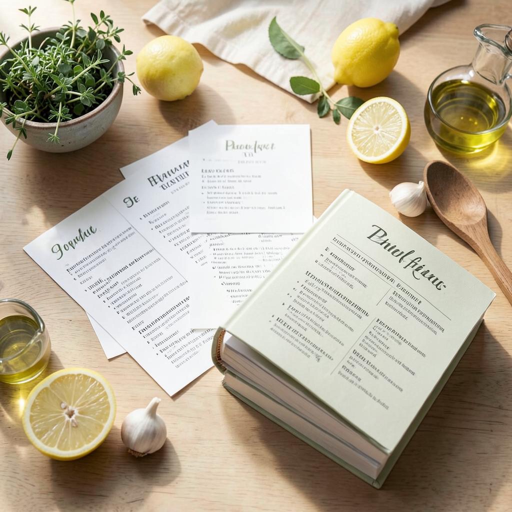 Recipe cards and cookbooks with fresh ingredients on a kitchen table