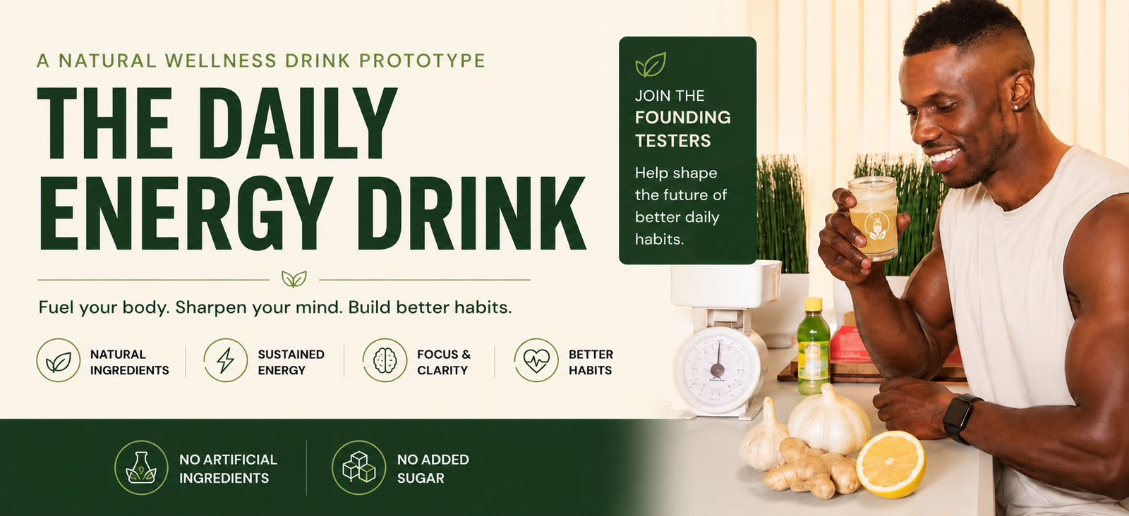 The Daily Energy Drink — a man enjoying the wellness drink beside fresh garlic, ginger and lemon